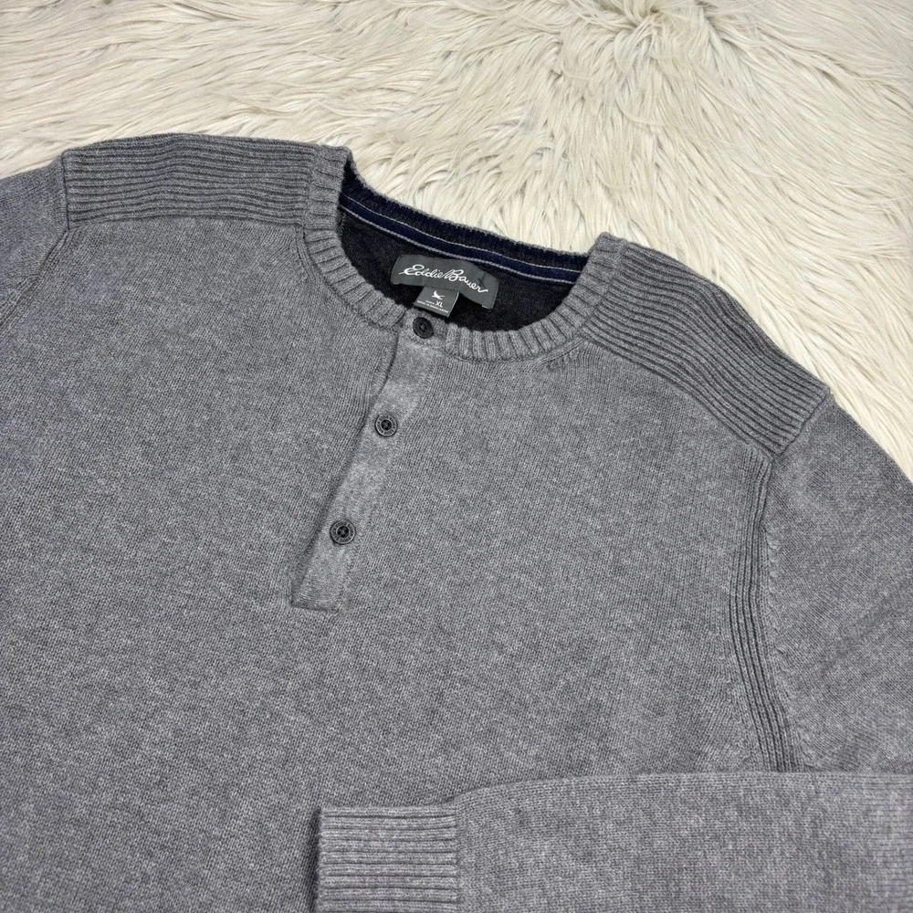 Eddie Bauer Men's XL Gray Henley Sweater 100% Cotton Gorpcore Preppy Heritage